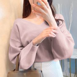 日本 GRL - 顯瘦V領簡約針織長袖上衣-粉紅 (F)