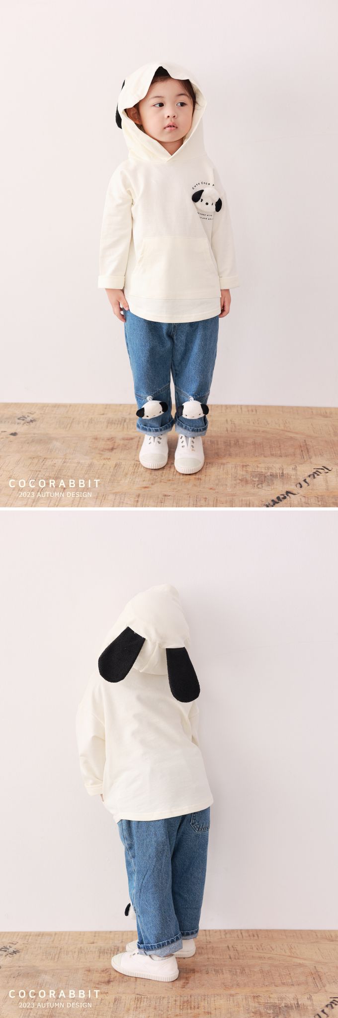 韓國 Coco rabbit - 小白狗耳朵裝飾連帽上衣-淺灰