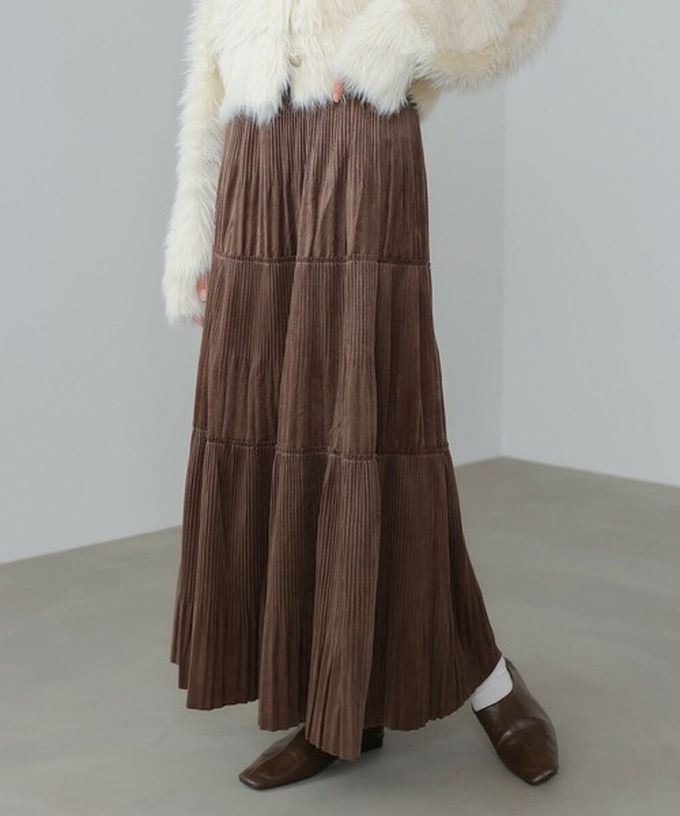 日本 Bab - 飄逸感絲滑絨面細摺長裙-深咖啡