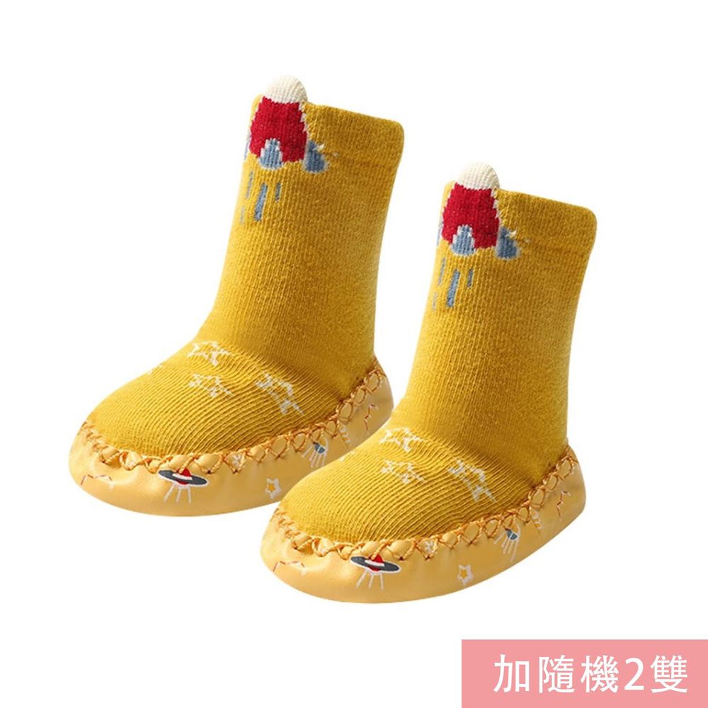 JoyNa - 3雙入-寶寶襪 印花包邊點膠 室內學步鞋-薑黃火箭+隨機2雙