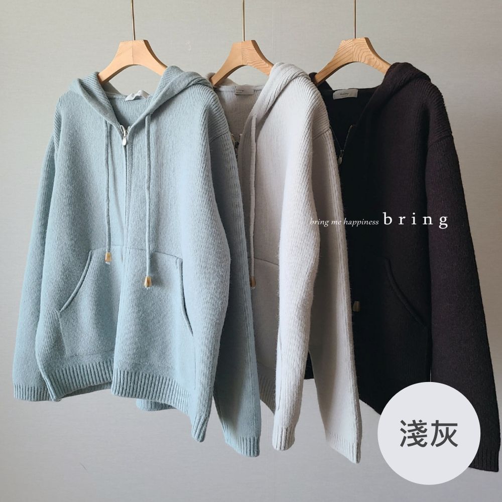 活潑風格口袋針織連帽外套-淺灰 (FREE)