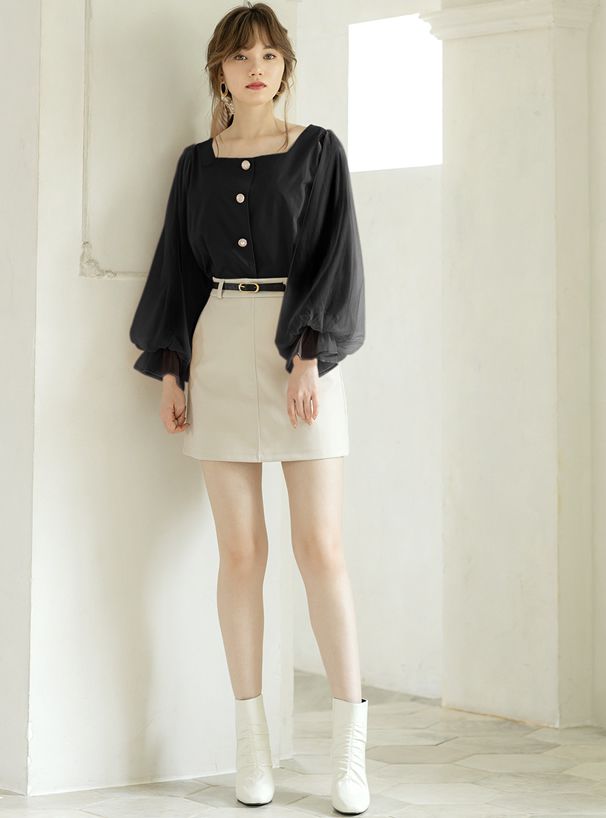日本 GRL - 方領排釦薄紗澎澎袖上衣-時尚黑