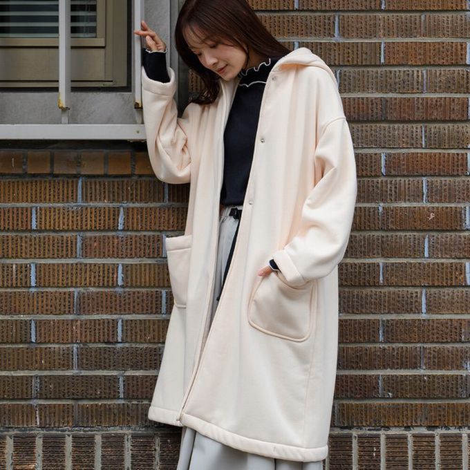 日本 OMNES - 溫暖內抓絨休閒長版連帽外套-咖啡棕