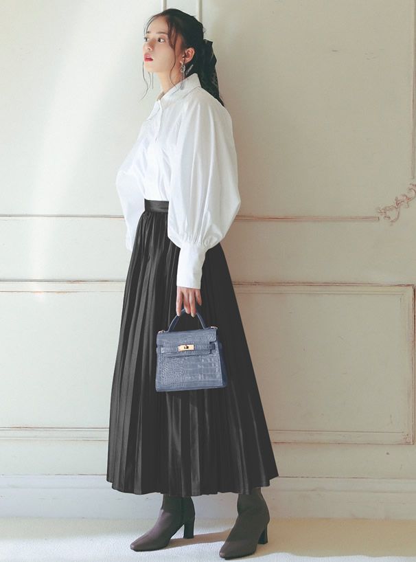 日本 GRL - 光澤皮質百褶長裙-深咖啡