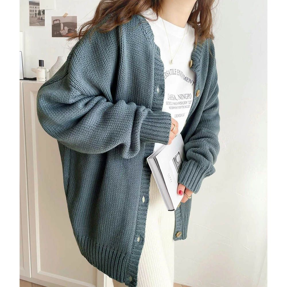 雙面穿寬鬆針織鈕釦開襟衫-灰藍