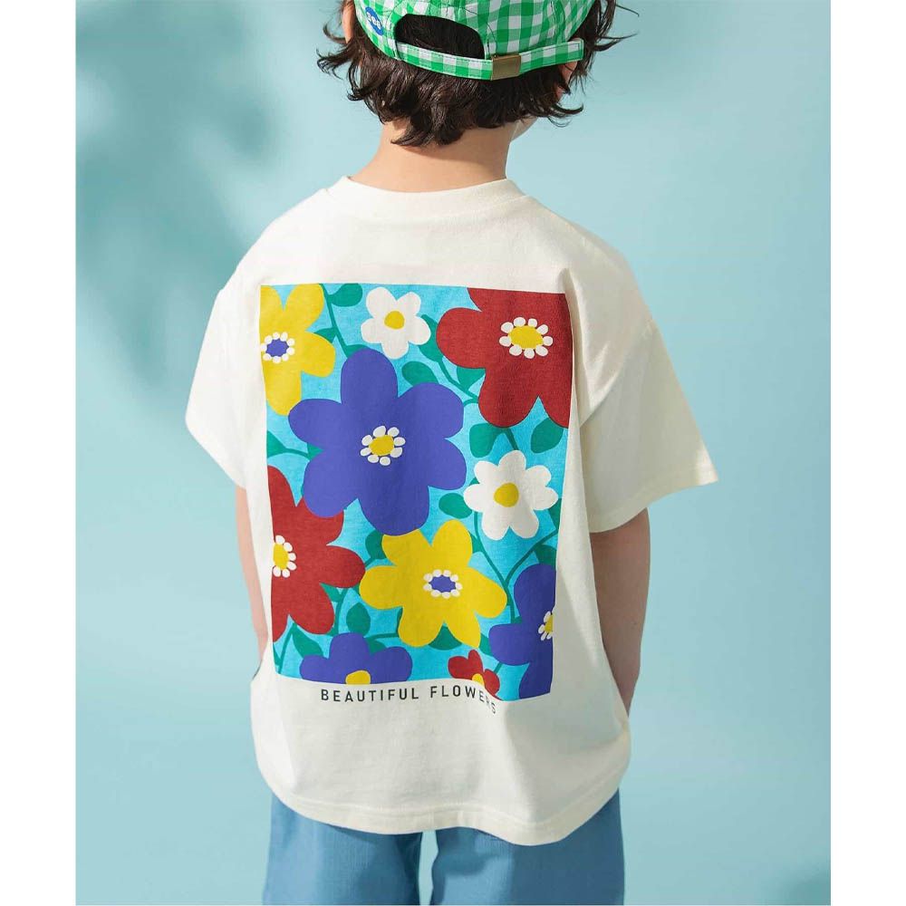 [必收] 百搭美式印花短袖上衣-背後的花-白