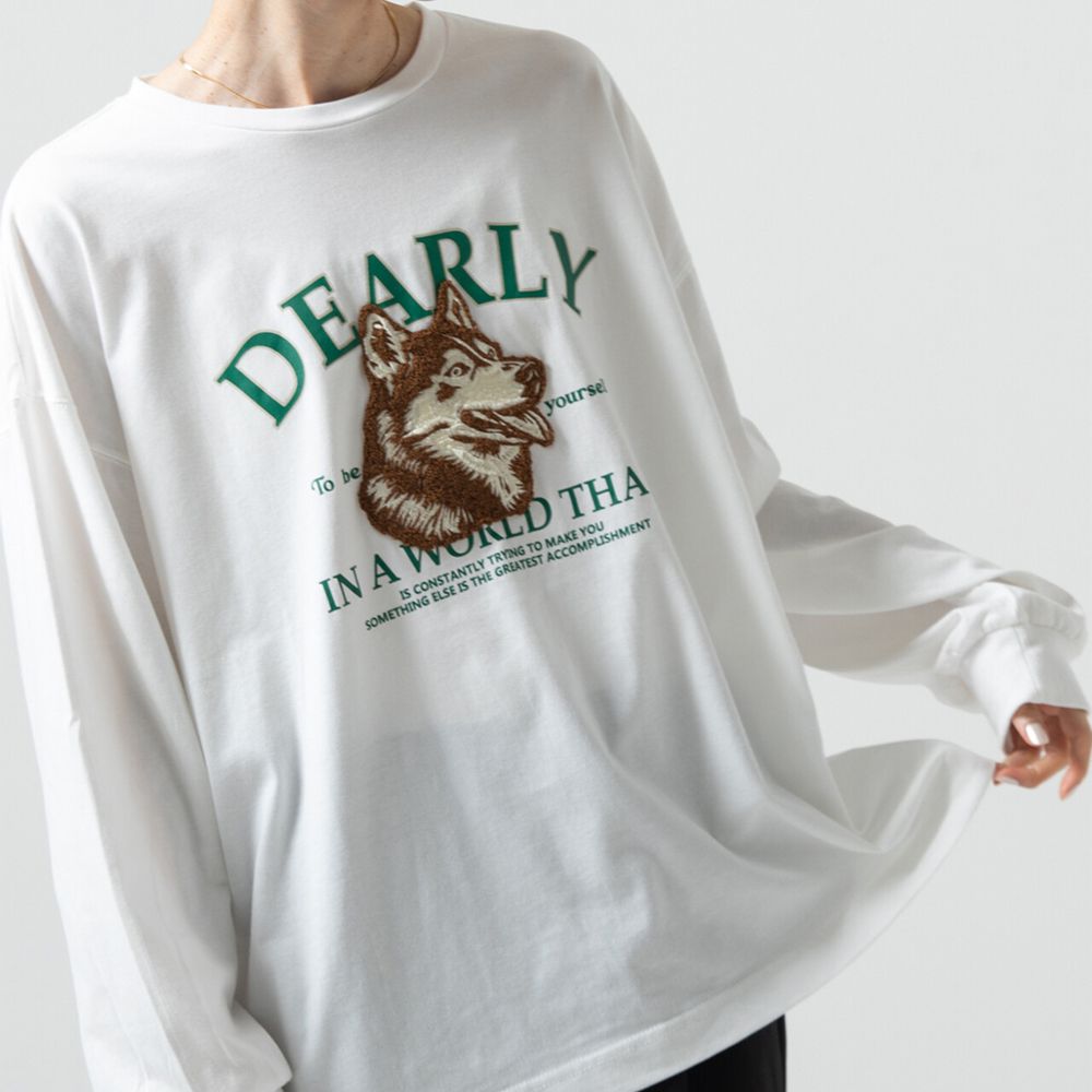 相良刺繡哈士奇印花帥氣長袖T恤-白