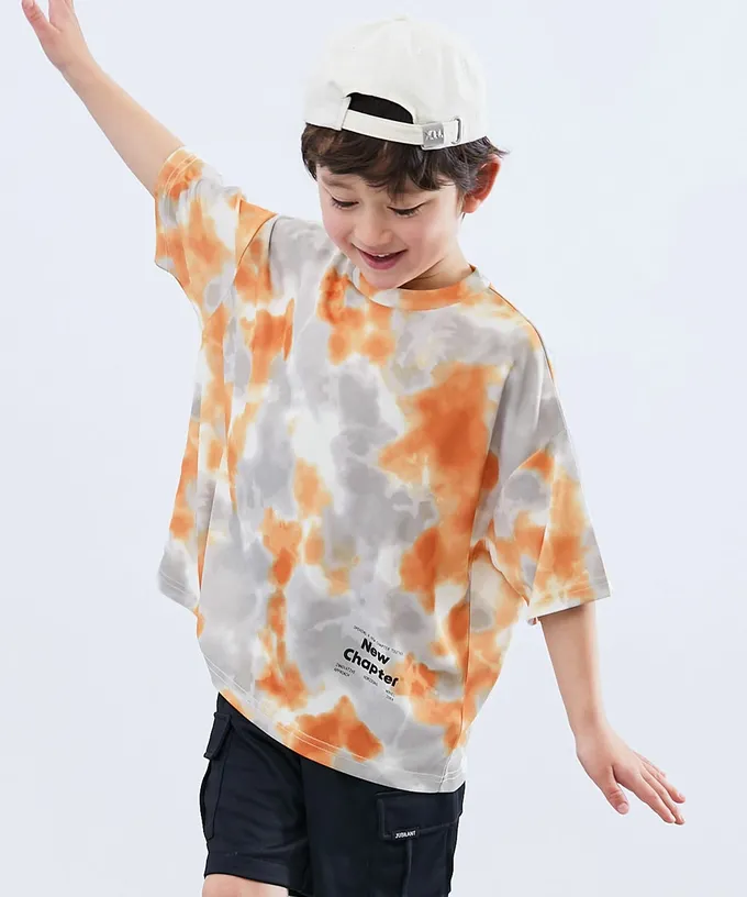 日本 devirock - 涼感速乾網眼 暈染印花短袖上衣-橘灰