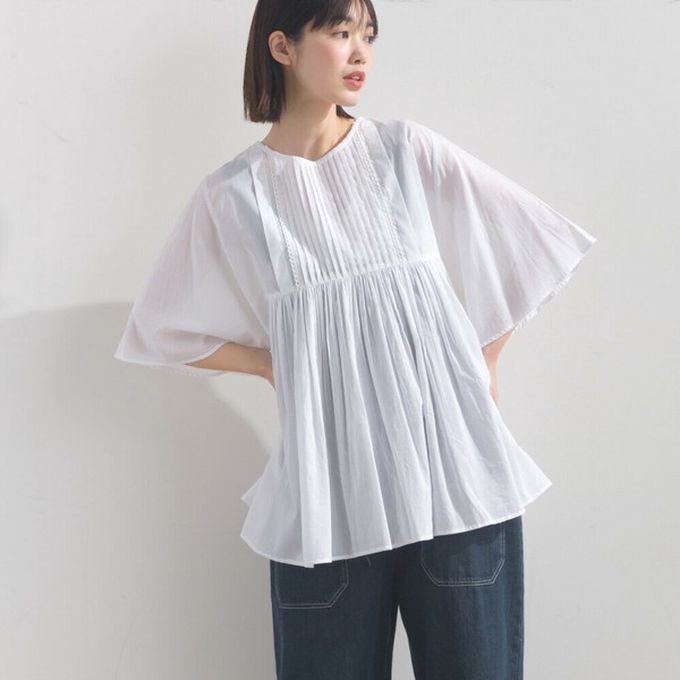 日本 OMNES - 純棉巴里紗柔美皺摺寬袖上衣-灰棕