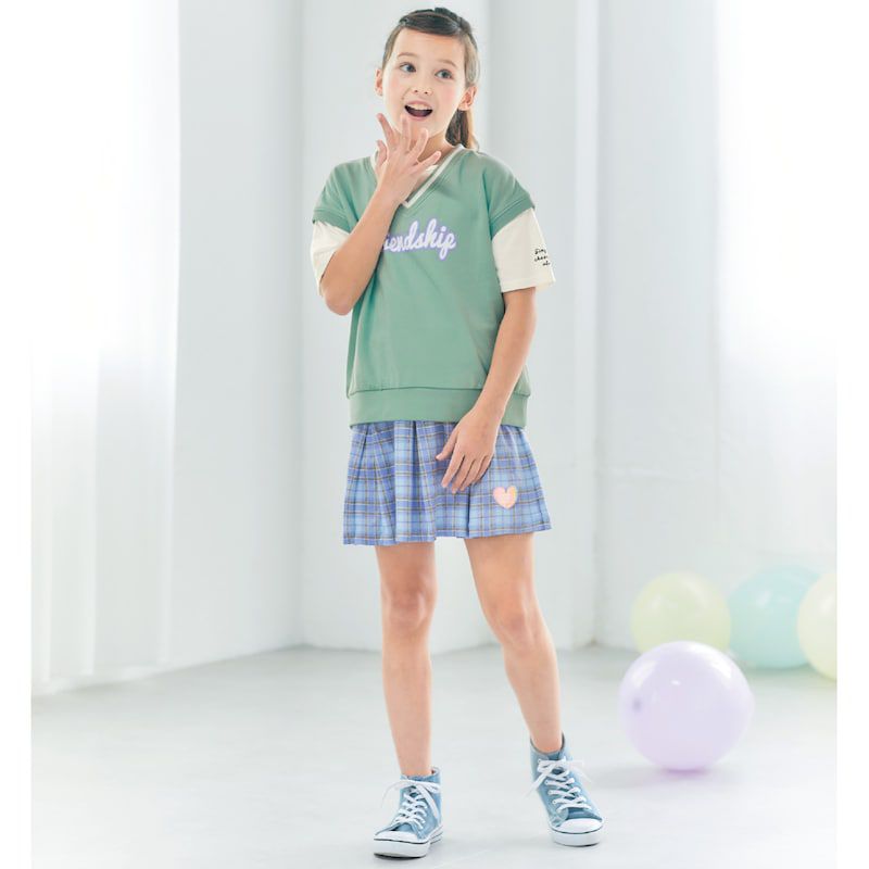 日本 Papel lapiz - 愛心徽章格紋百摺短裙-水藍