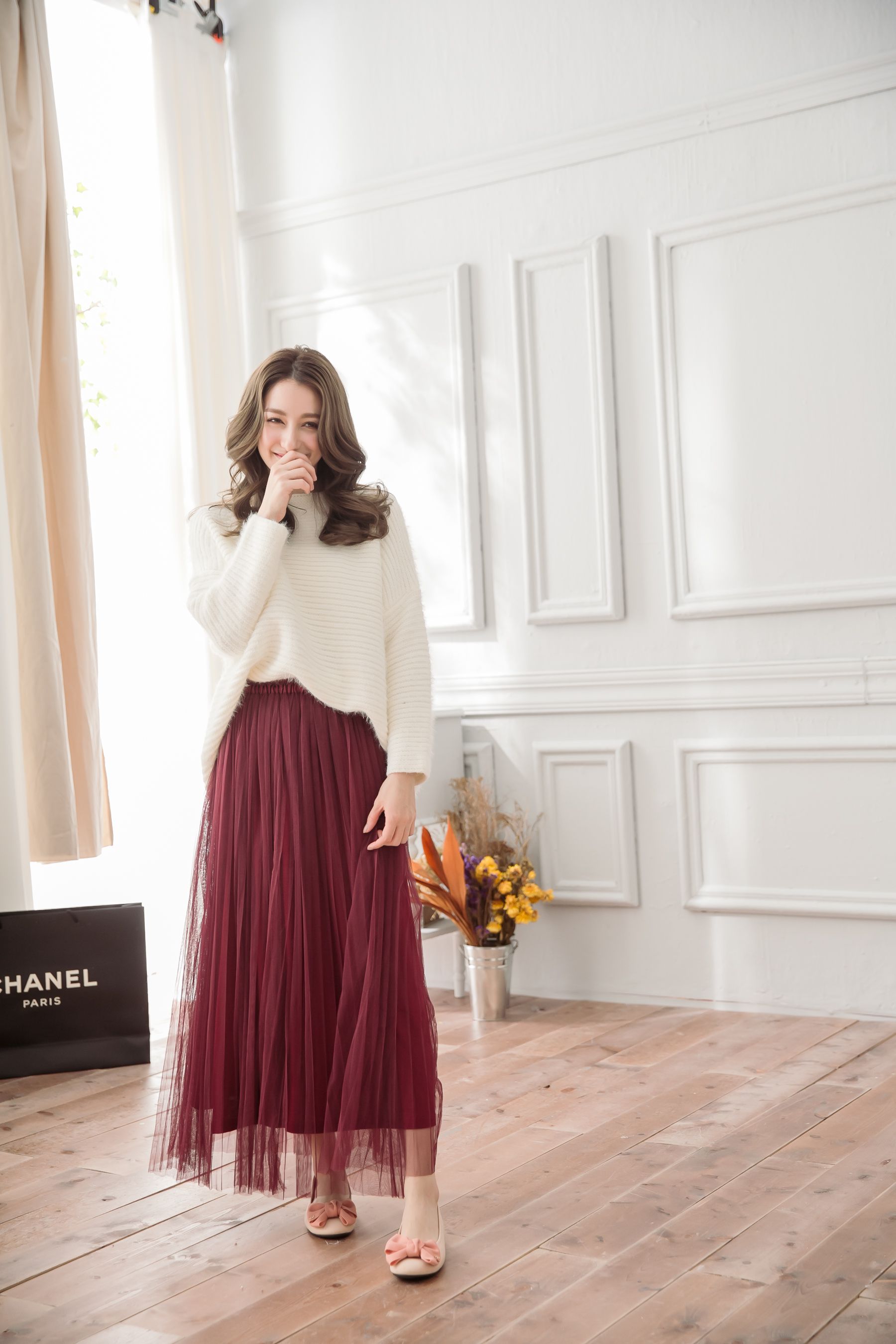 Peachy - 獨家訂製綿柔優雅綁帶百褶紗裙-綁帶百褶版-葡萄酒紅 (F)