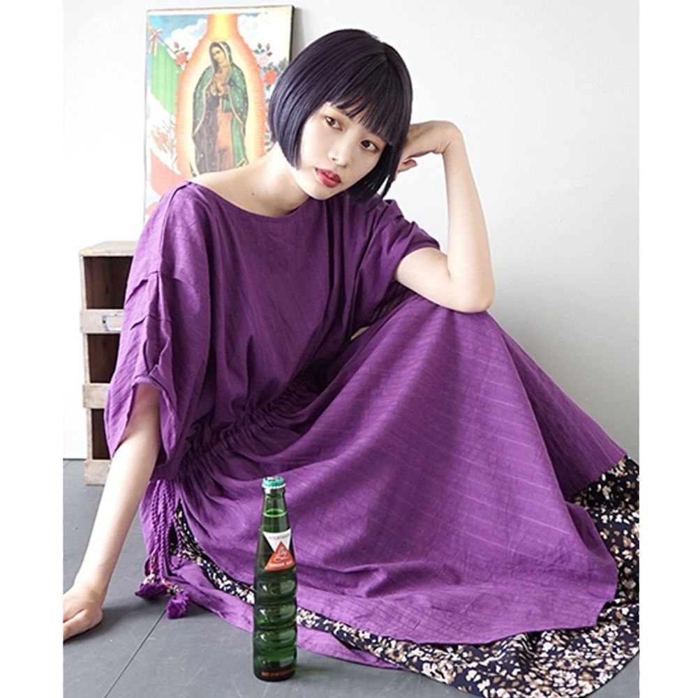 日本 zootie - 民族風 縮腰綁帶高衩短袖洋裝/罩衫-葡萄紫