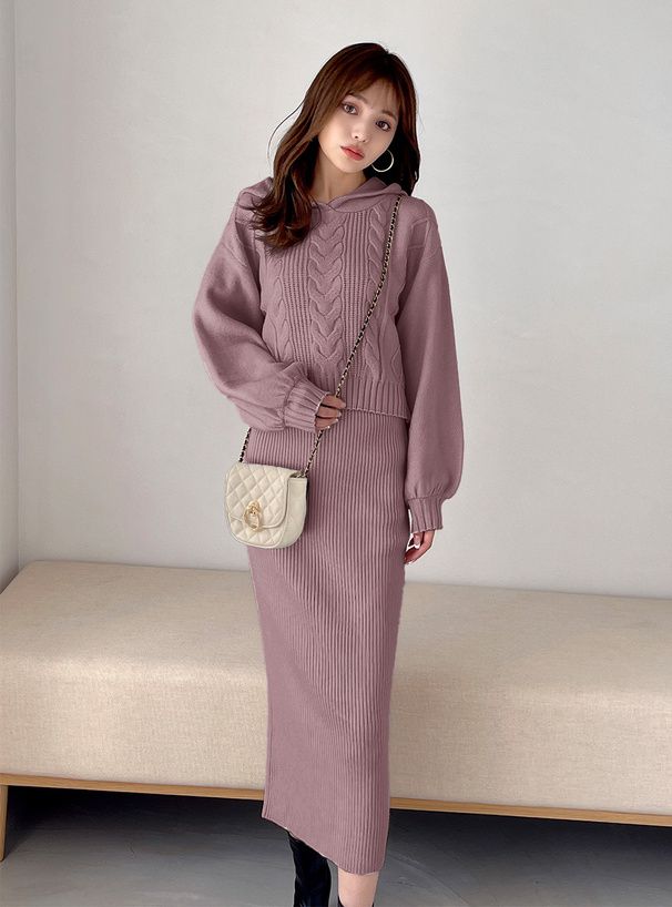 日本 GRL - 柔軟針織帽Tx長裙2件組-淺灰杏