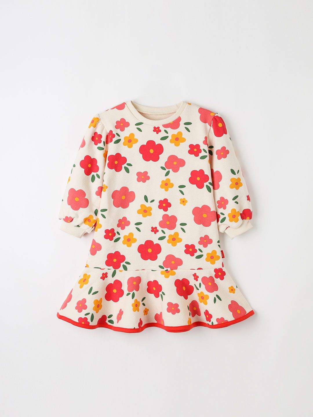 韓國 OZKIZ - (附包包)花朵綻放內磨毛拼接洋裝-米