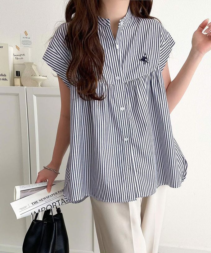 日本 Classical Elf - 刺繡logo成熟俐落法式袖襯衫-藍底白條紋