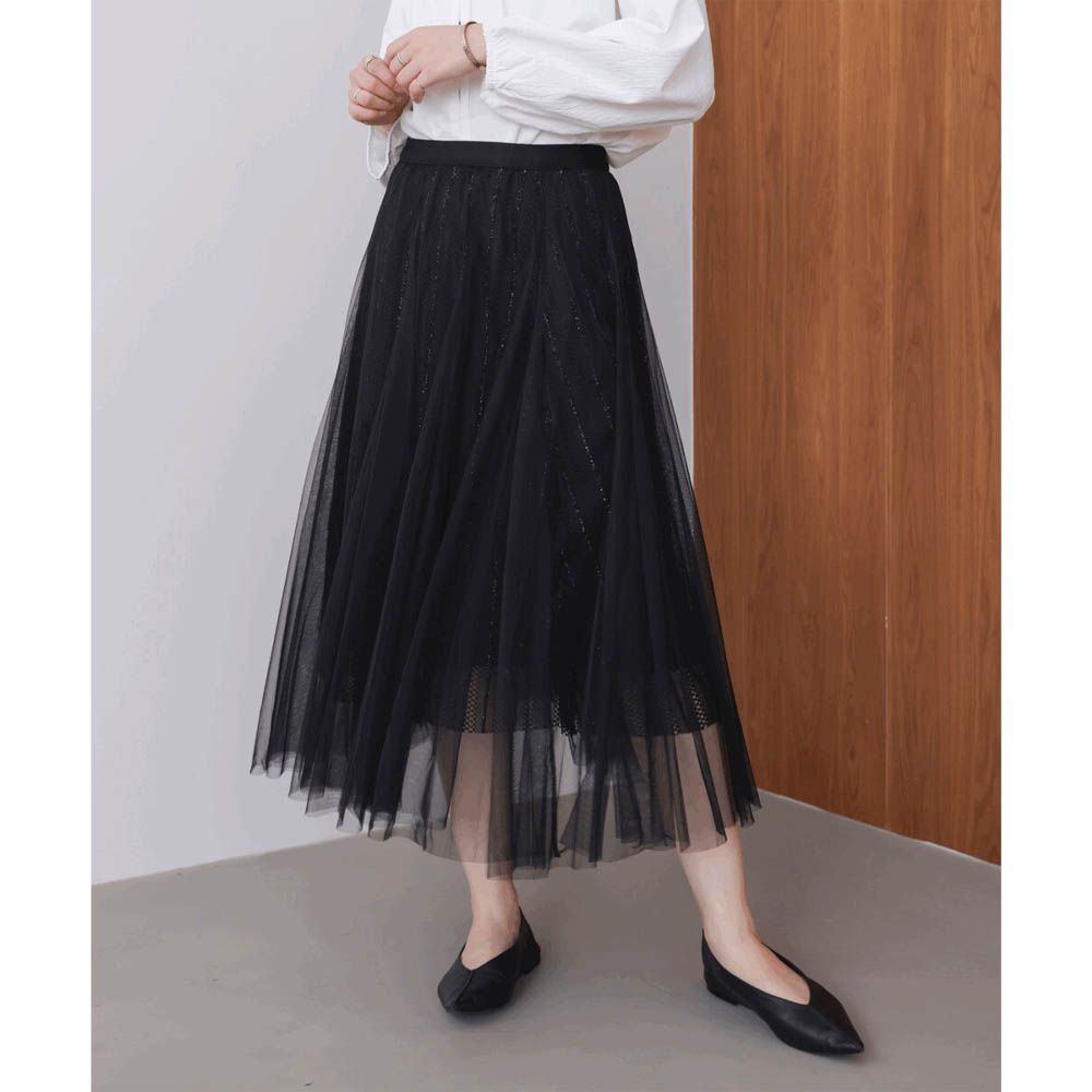 華麗優雅層次緹花鬆緊紗裙-質感黑