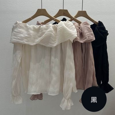韓國女裝連線 - 夢幻皺摺感平口雪紡襯衫-黑 (FREE)