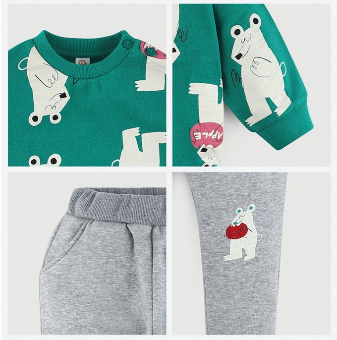 韓國 milk mile - 活潑白熊拉絨休閒套裝-綠