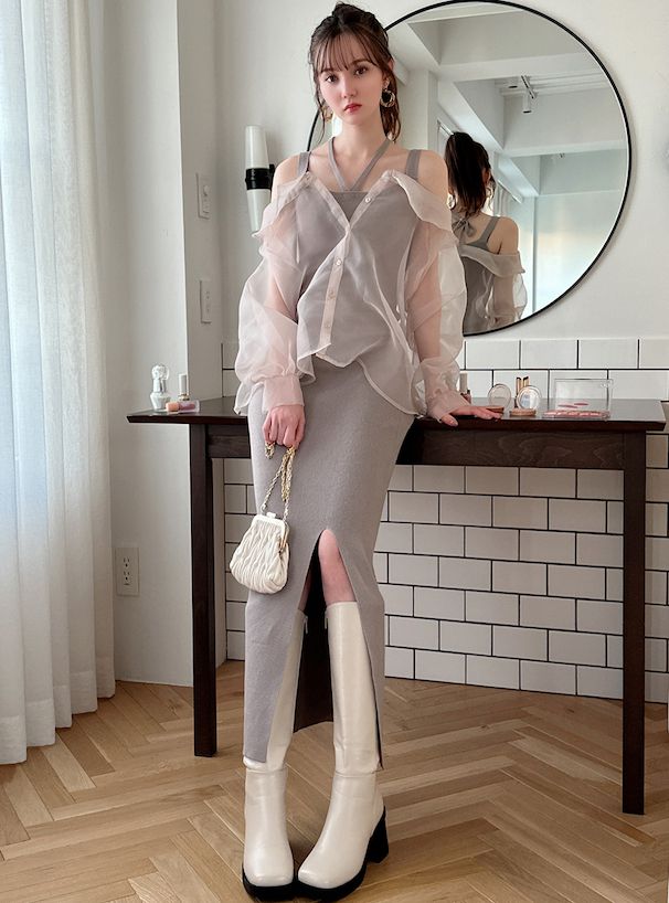 日本 GRL - 浪漫透膚吊帶針織兩件式洋裝-淺灰棕