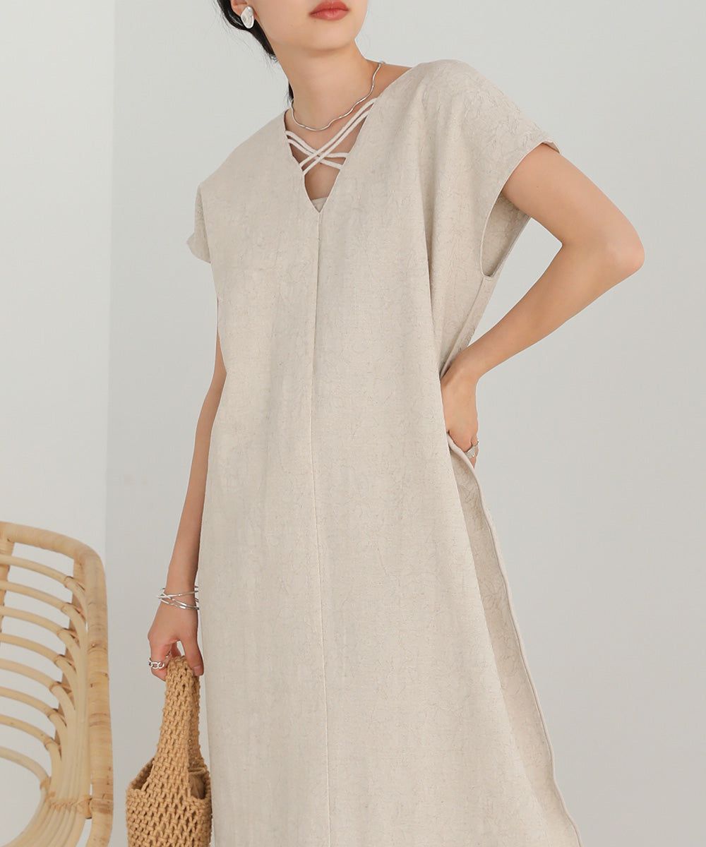 日本 Bab - 2WAY質感棉麻法式袖洋裝-米杏