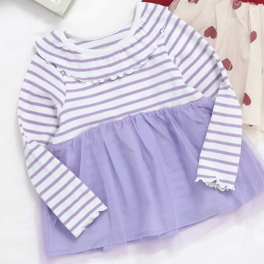 浪漫荷葉領薄紗拼接長袖上衣-條紋-紫