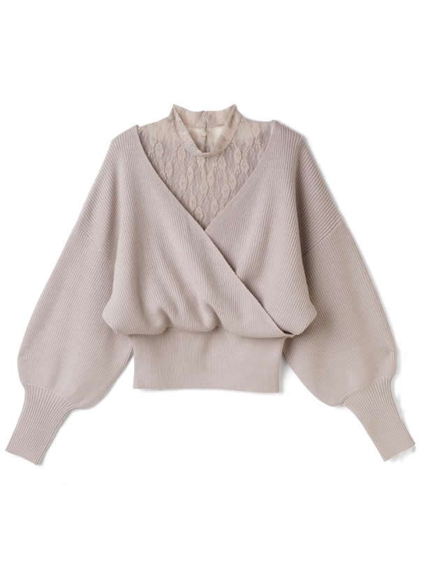 日本 GRL - 蕾絲緹花羅紋泡泡袖針織上衣-淺灰杏