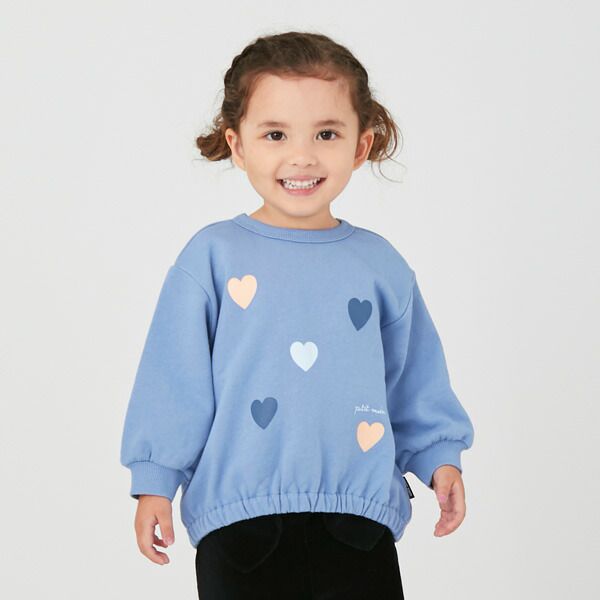 日本 petit main - 可愛女孩純棉長袖上衣-愛心-藍