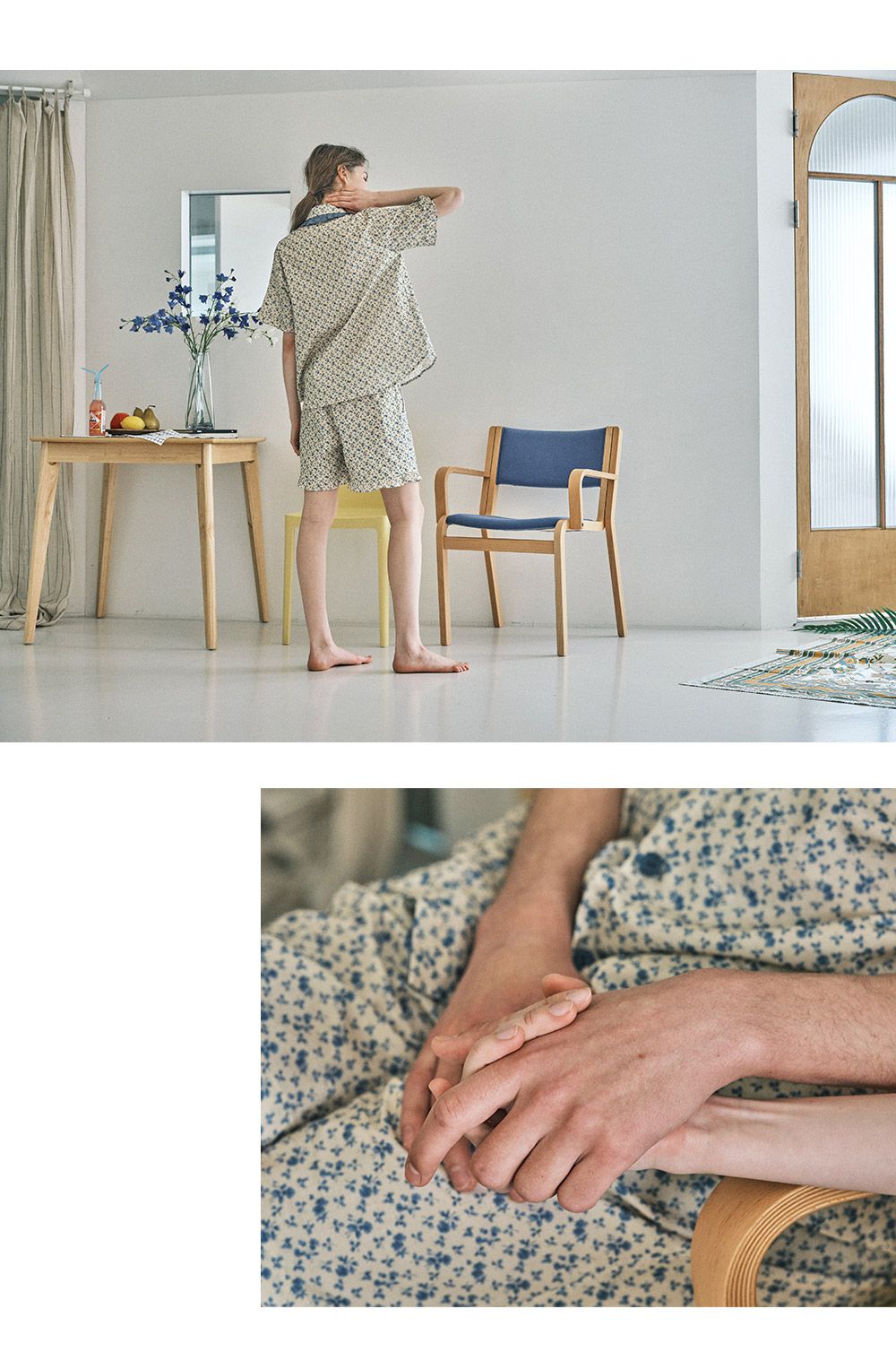 韓國 ULLALA - 玫瑰印花短袖睡衣(兩件式)-藍玫瑰 (FREE)