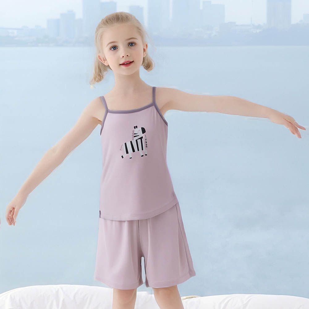 涼感莫代爾細肩帶套裝/家居服-斑馬-紫色