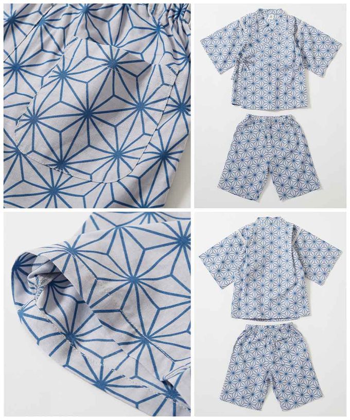 日本 devirock - 期間限定！經典日式風甚平套裝-麻紋-藍x淺灰