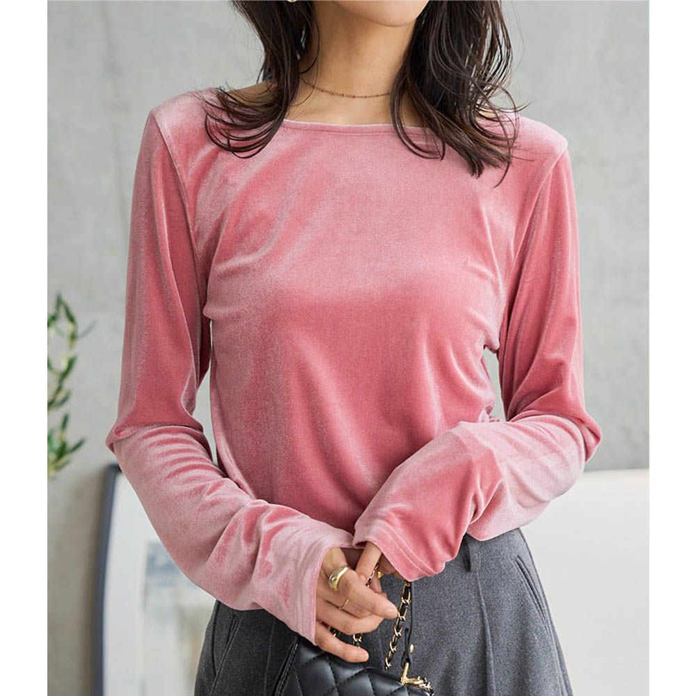 華麗天鵝絨露背合身長袖上衣-粉紅