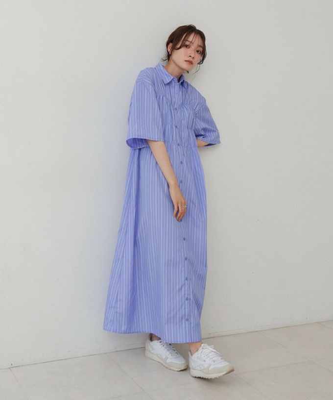 日本 Bab - 時尚抓皺襯衫式五分袖洋裝-條紋-象牙