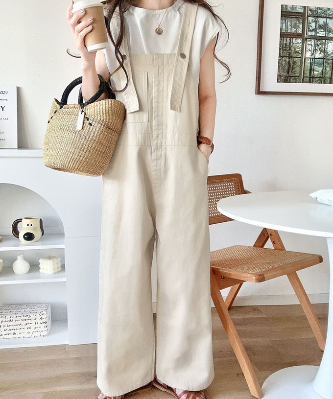 日本 Classical Elf - 純棉廓形丹寧風吊帶褲-側圓扣-象牙