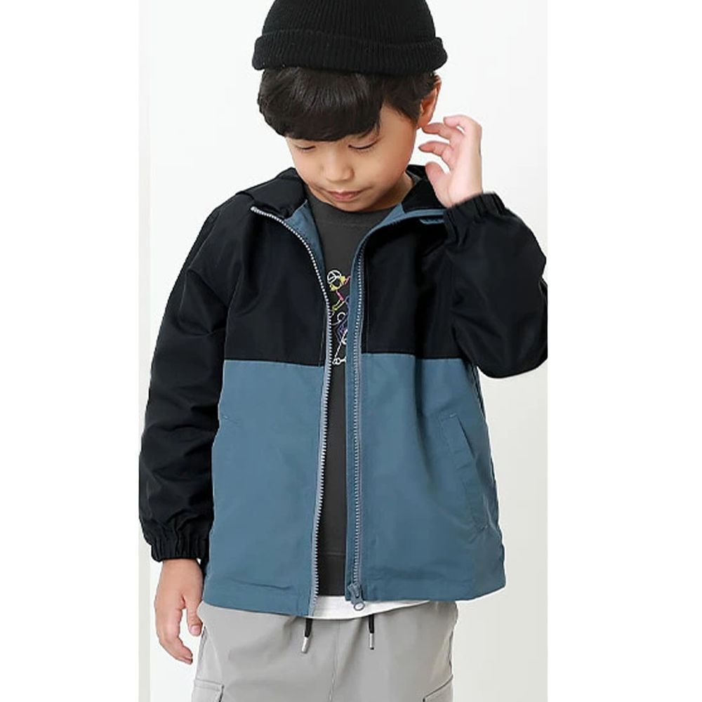 日本 devirock - 撥水加工 輕量連帽外套(帽子可收納)-撞色-黑X灰藍