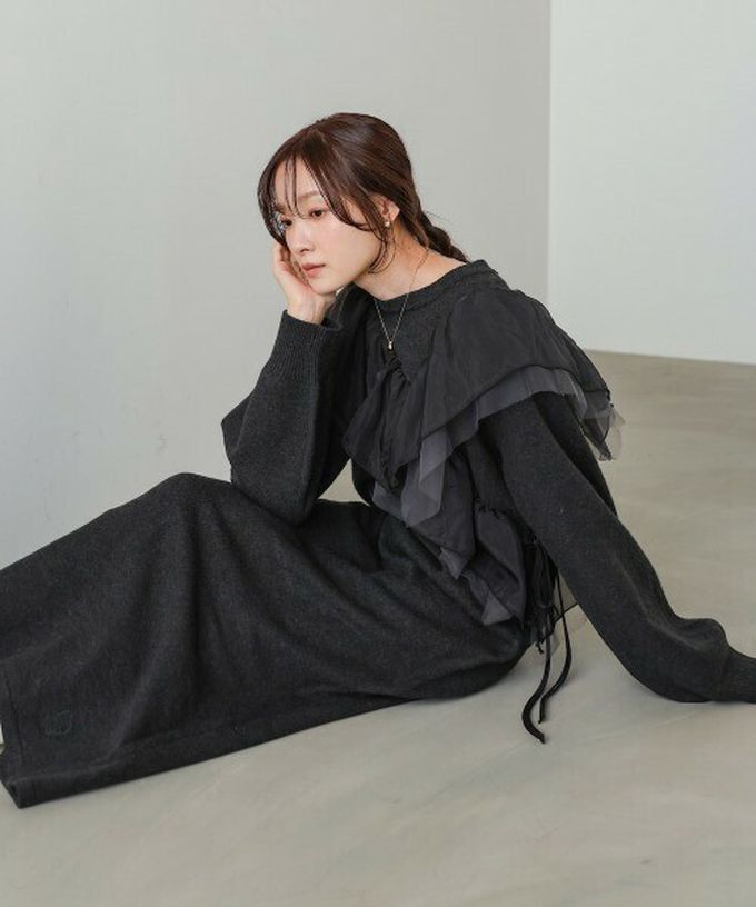 日本 Bab - 交叉薄紗荷葉柔美針織長袖洋裝-咖啡