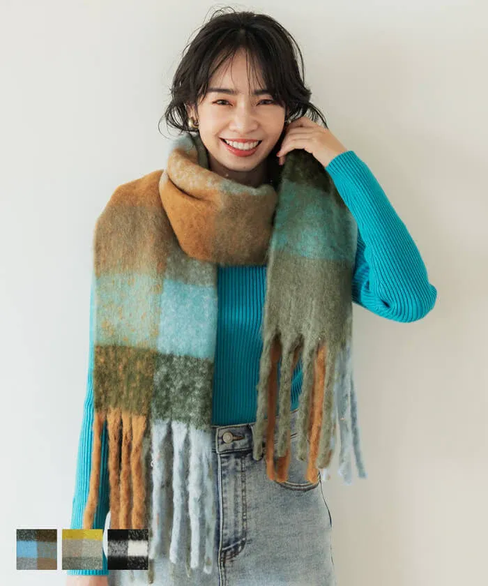 日本 COCA - 毛海大流蘇格紋圍巾/披肩-杏黃