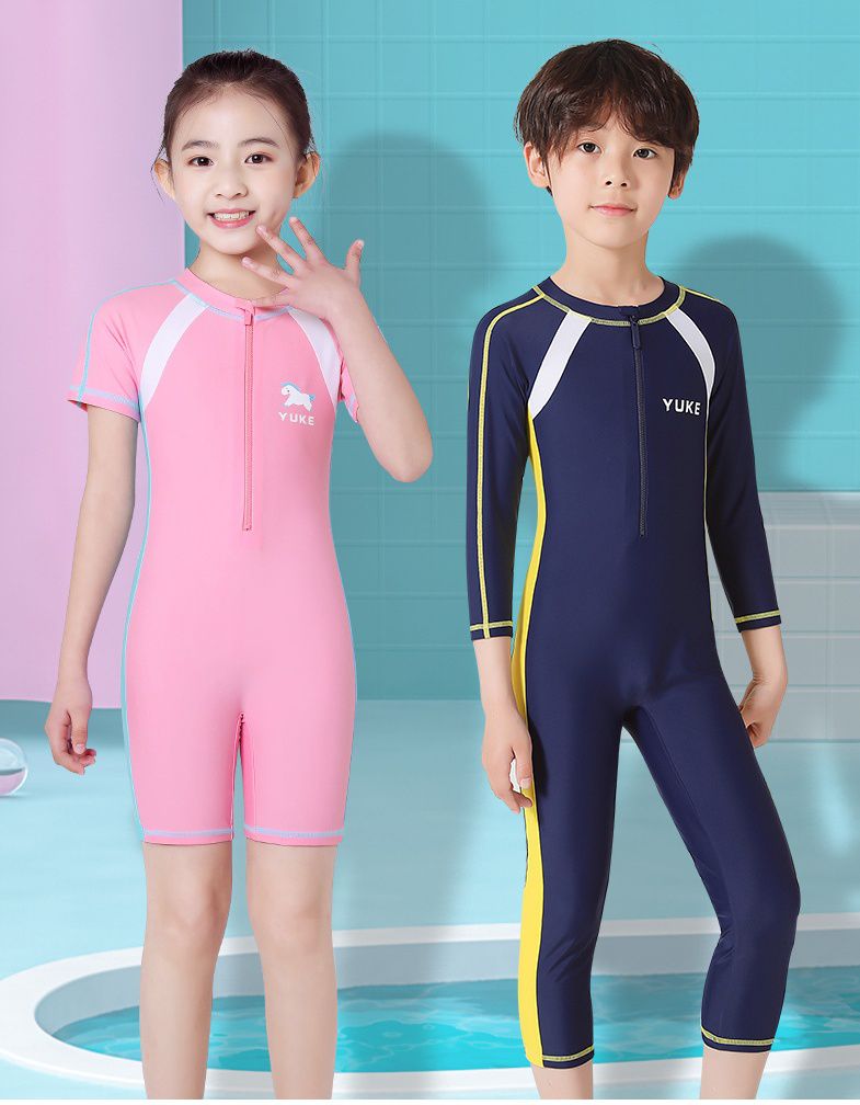 運動風女寶短袖連身泳裝-獨角獸-深藍色