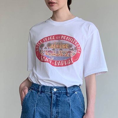 韓國女裝連線 - 渡假圖印短袖上衣-白 (FREE)