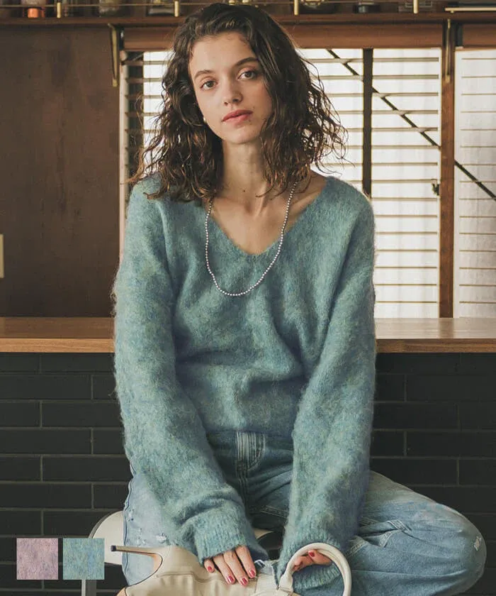 日本 COCA - 大V領混色毛海感針織上衣-藍綠系