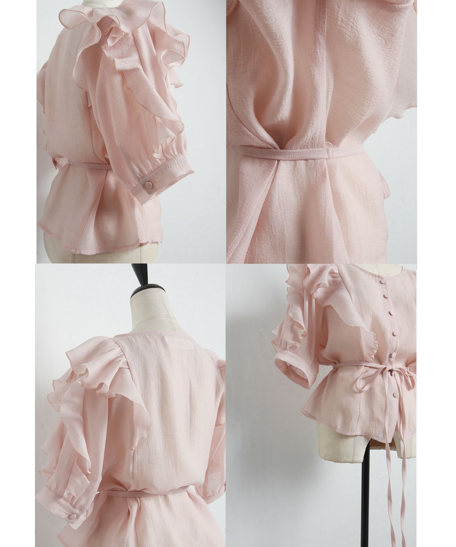 日本 tocco-closet - 優雅光澤感綁帶短袖上衣-星塵粉