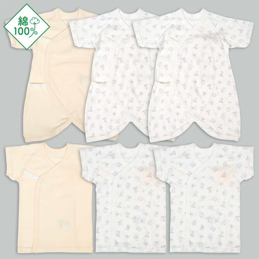 新生兒內衣6件組 按扣-短袖、七分袖 動物-象牙白色 (50~60cm)