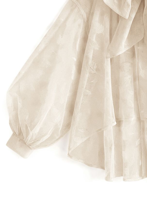 日本 GRL - 葉子紋溫柔蝴蝶結泡泡袖上衣-米杏 (F)