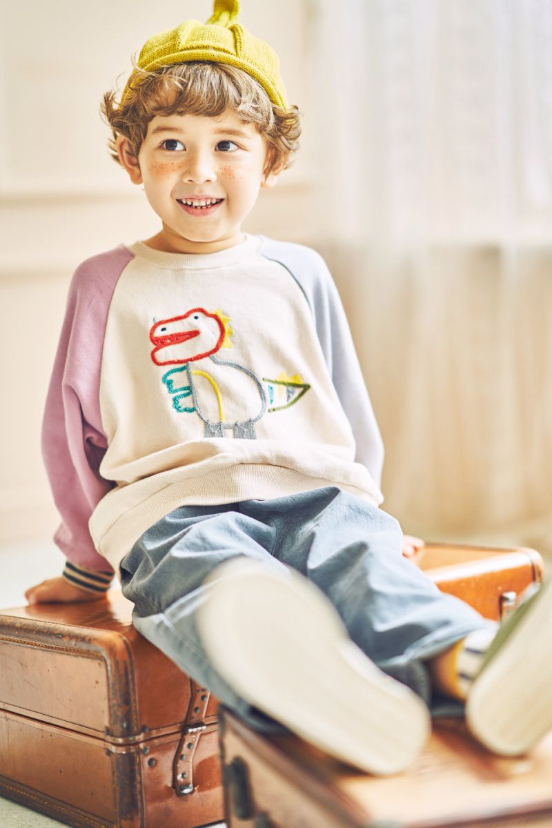 韓國 Mimico - 童趣拼色胖胖恐龍T-粉紅X灰