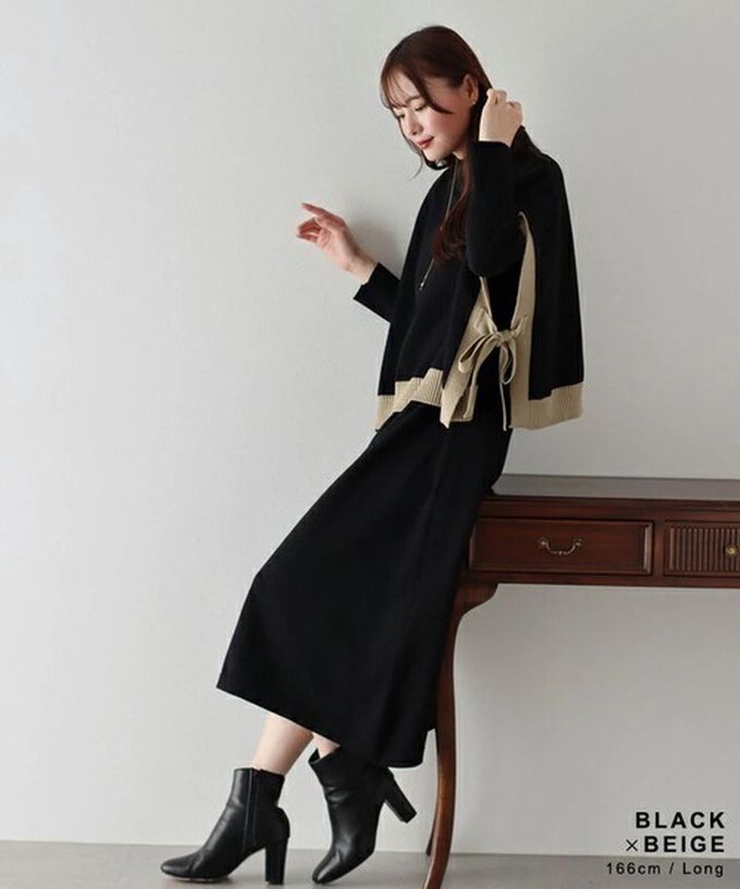 日本 BLUE EAST - [經典款]氣質針織斗篷綁帶長袖洋裝2件組-灰棕