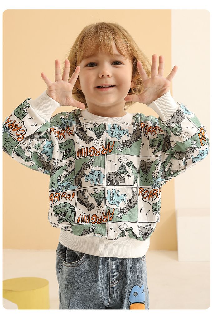 童趣圓領長袖上衣-漫畫恐龍-黃色