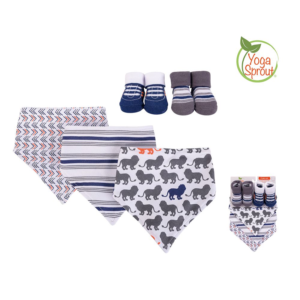 美國 Luvable Friends - 甜蜜寶貝100%純棉三角領巾3入組+短襪2入套裝組-調皮獅子