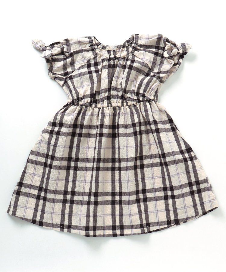 日本 apres les cours - 袖緞帶滿版印花束腰洋裝-格紋-黑白