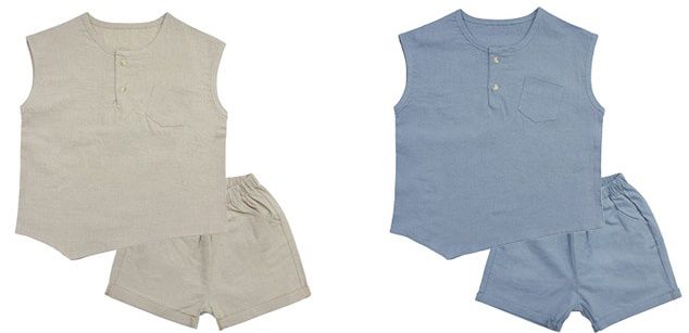 韓國 Rainbowkids - 亞麻純色套裝-天藍