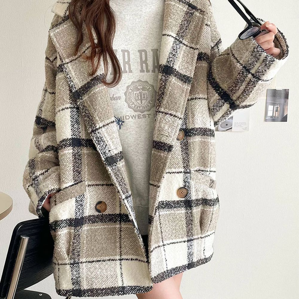 亮麗格紋翻領廓形中長版大衣-象牙杏