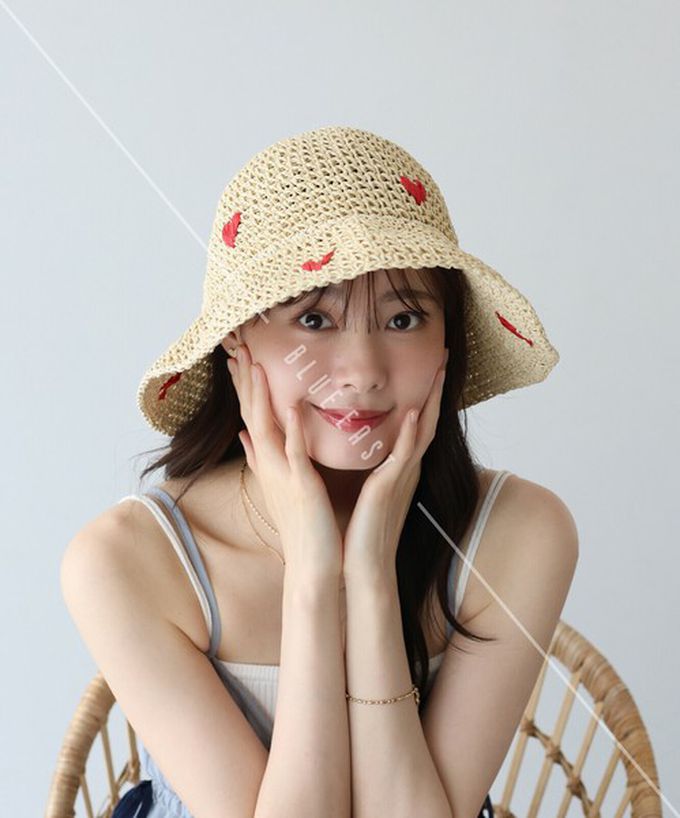 日本 BLUE EAST - 可愛刺繡編織遮陽漁夫帽-淺卡其